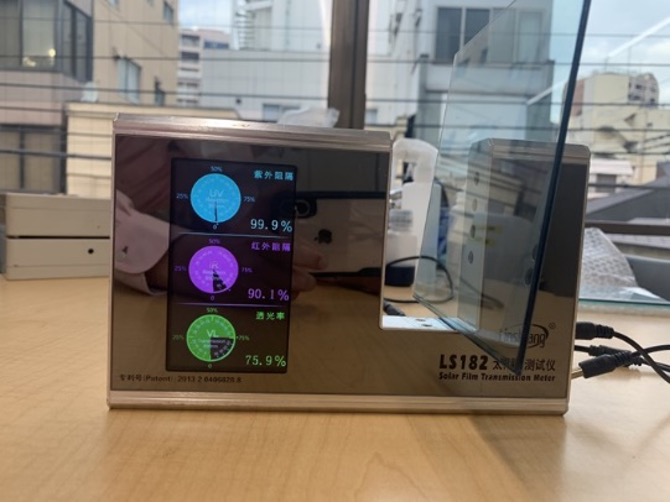コーティングガラスの性能（UVカット99.9％、近赤外線カット90.1％、可視光透過率75.9％）